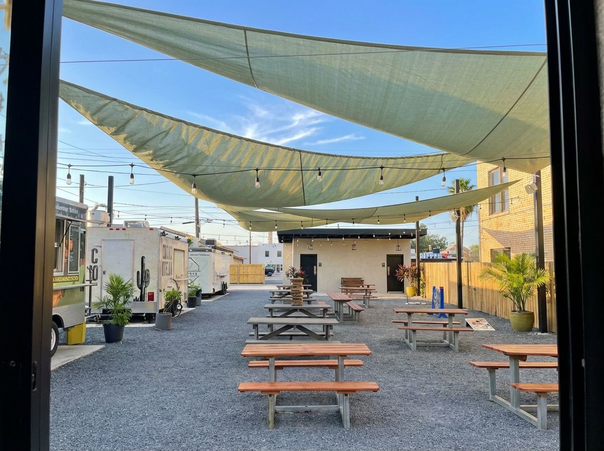 The patio under the shade sails