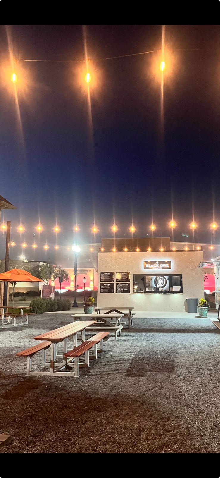 The patio under the string lights